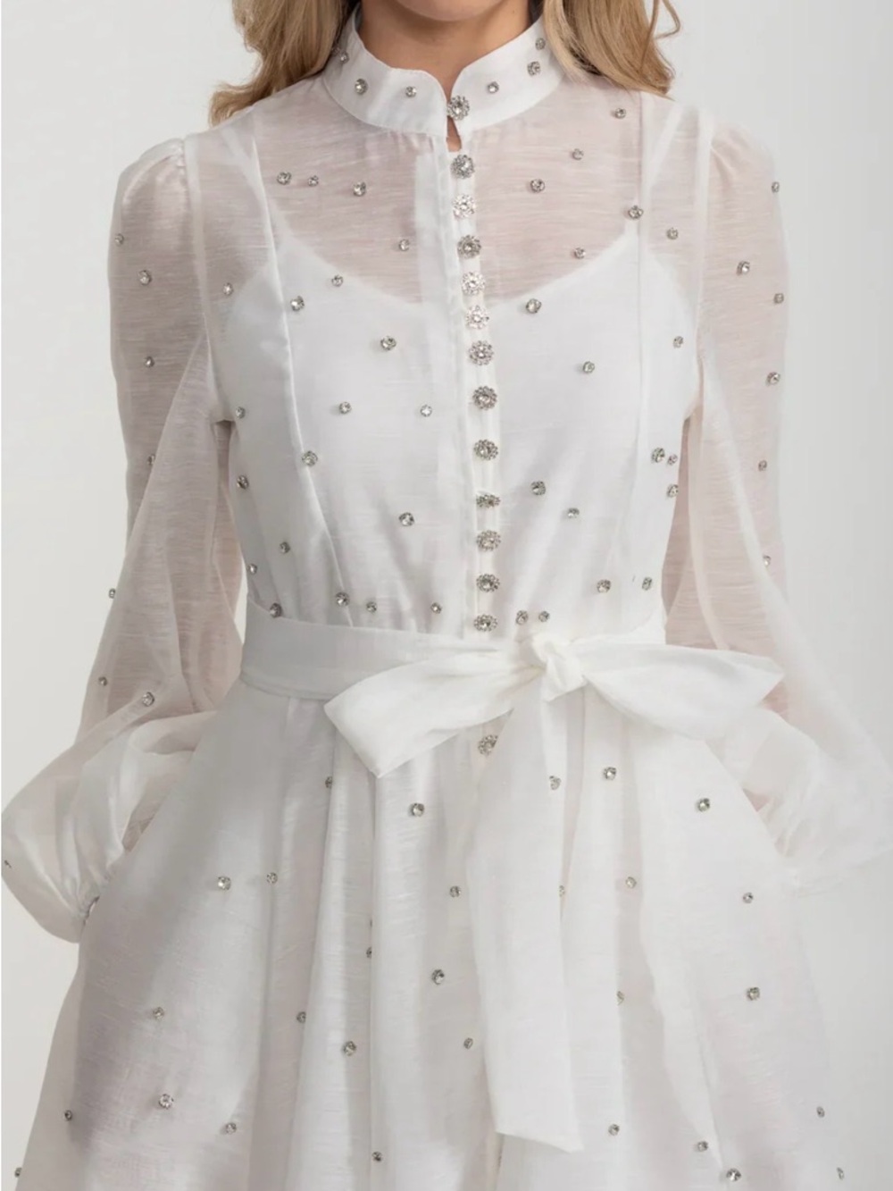 Embellished White Tie-Waist Mini Dress - Picture 3 of 9